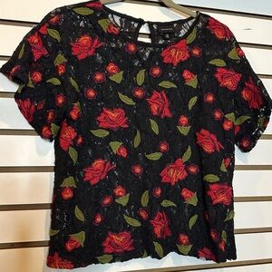 Who What Wear Black Lace Red Roses Blouse Top Size Medium